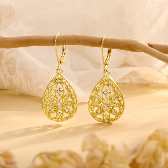 Women's 925 Sterling Golden Teardrop Dangle Earrings Cubic Zirconia Leverback - Picture 7 of 8